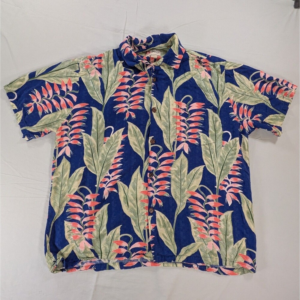 Hilo Hattie Shirt Mens Large Blue Floral Parrot Hawaiian Made In Hawaii Aloha